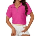 thumbnail image 1 of Penkiiy T-Shirt Basique Décontracté à Manches Courtes et Col en V Texturé pour Femmes avec Fermeture Éclair, Col Rond, Été, Rose Vif, 1 of 6