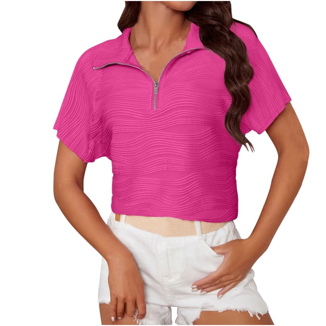 Penkiiy T-Shirt Basique Décontracté à Manches Courtes et Col en V Texturé pour Femmes avec Fermeture Éclair, Col Rond, Été, Rose Vif