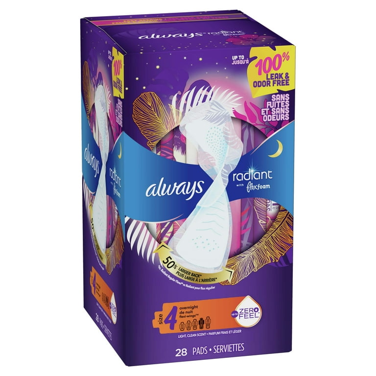 Always Radiant Feminine Pads with Wings, Size 4, Overnight Absorbency,  Scented, 28 CT 