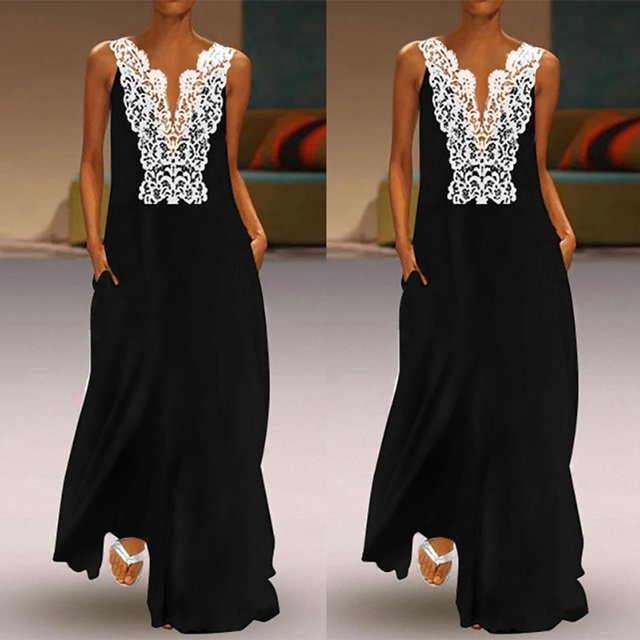 WILLBEST Vestidos Empalme V Cuello Encaje Verano Casual Vintage Vestido sin Mangas Diario Hueco Mujeres Vestido de Mujer Extra Grande