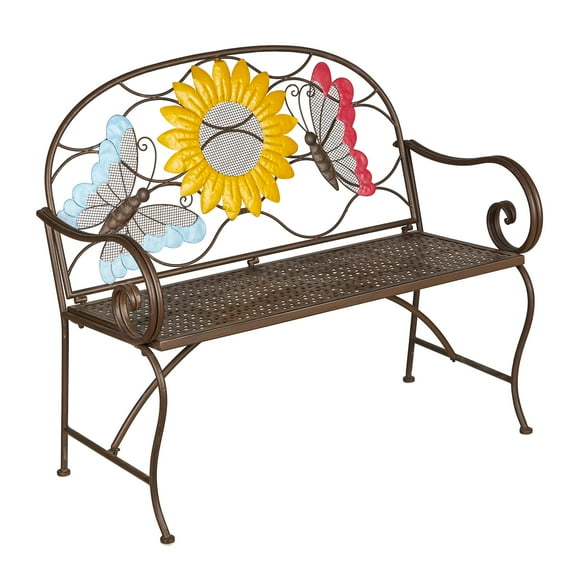 Evergreen Garden Weatherproof Sunflower with Butterflies Outdoor Bench | Holds Up to 400 lbs. | Furniture for Lawn Garden Patio Porch Park Deck | Metal