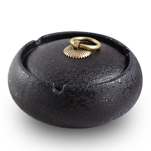 Qeeadeea Ceramic Ashtray With Lid Windproof, Inside Cigar Ashtrays, Small Decorative Ashtray For Cigarettes Outdoor -black-10x10x9cm