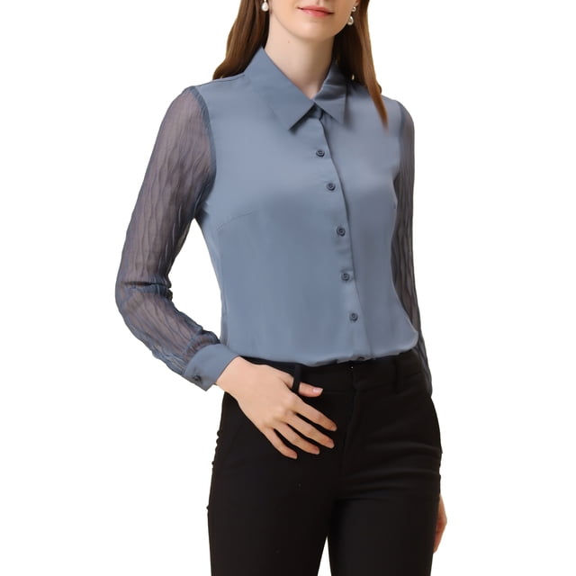 Allegra K Chemise de Travail à Manches Transparentes Texturée en Chiffon pour Femmes L Gris Bleu