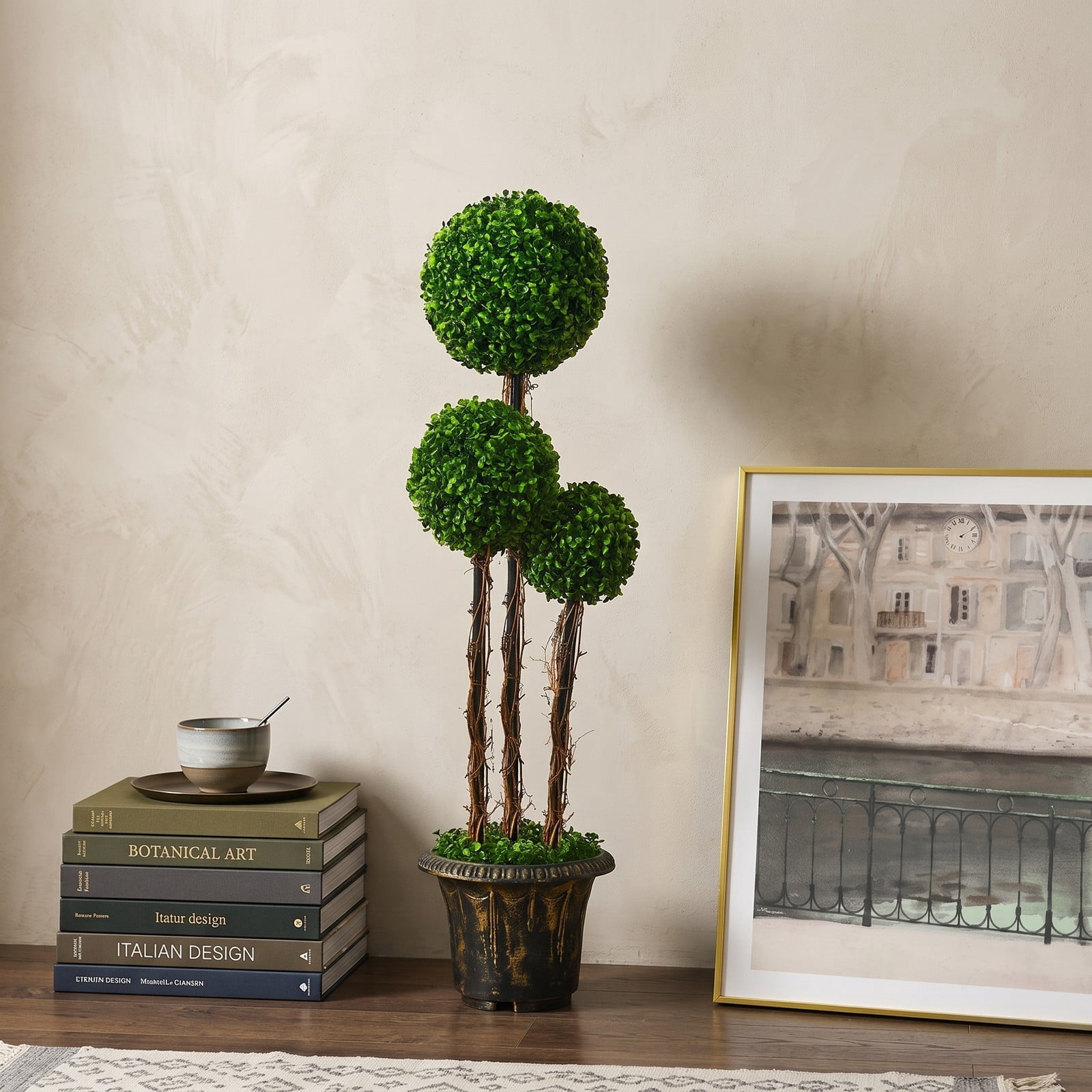 ALPULON 4 Feet Artificial Topiary Triple Ball Tree, UV Resistant Faux Boxwood Plant with Cement-Filled Pot for Indoor Outdoor Front Porch Patio Home Office Decor, Green