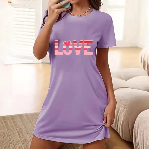 Valentine's Pajamas for Women Oversized Short Nightgown Heart Print Short Sleeve Nightdress