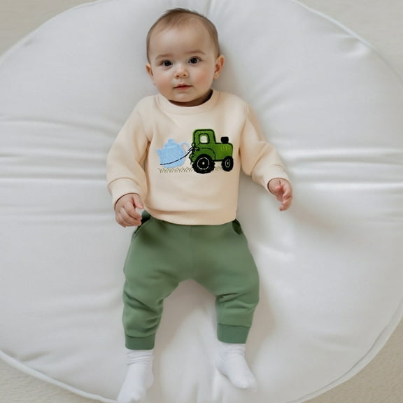 Boys Tractor Embroidery Outfit Long Sleeve Crewneck Sweatshirt And Pants Two Piece Autumn Fall Toddler Set For Daily Casual Wear
