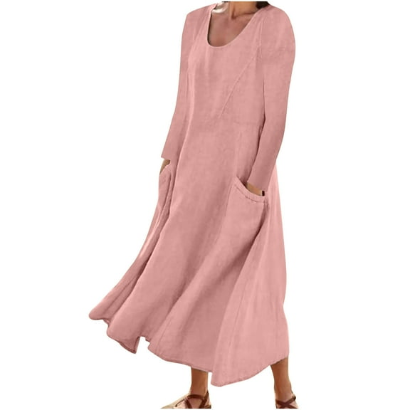 Edvintorg Women's Plus Size Fall Dresses Fashion Long Sleeve Solid Color Cotton Linen Round Neck Casual Dress with Pocket