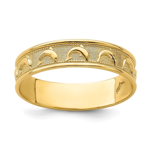 14K Yellow Gold Ring Band Polished & Textured Dolphin Engraved Thumb