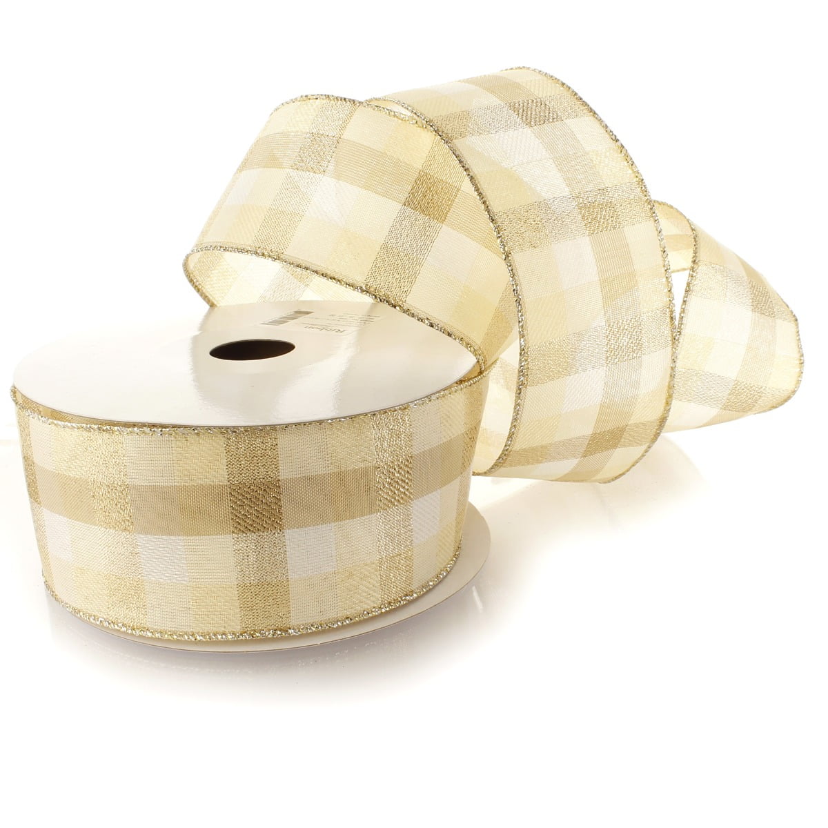 Ribbon Traditions 2 1/2" Wired Ribbon Cream / Gold Shimmer Plaid 25