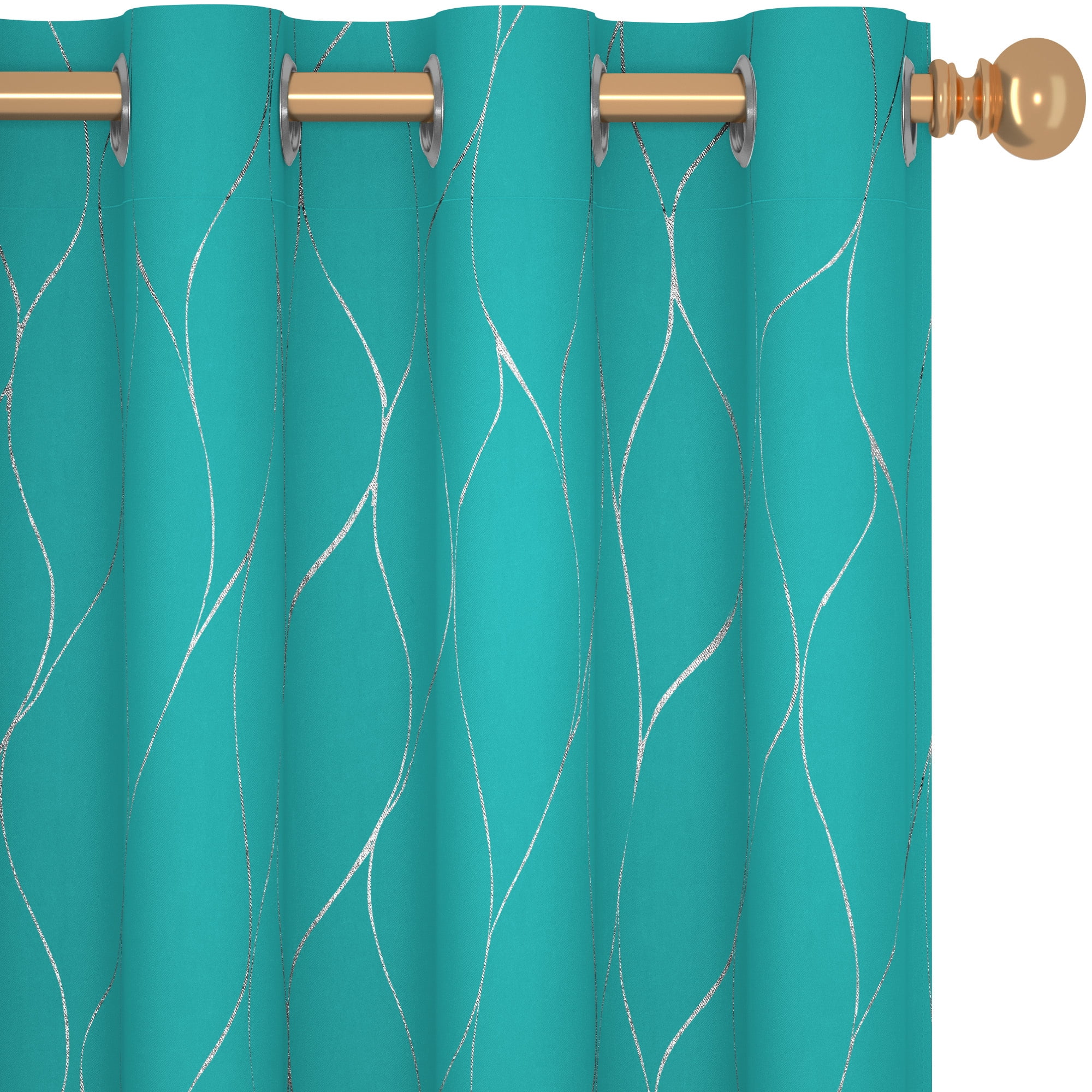Deconovo Blackout Curtains, Silver Wave Line Print, Peacock Blue, 52W x 96L Inch, Noise Reducing, Privacy Drapes for Bedroom, 2 Panels