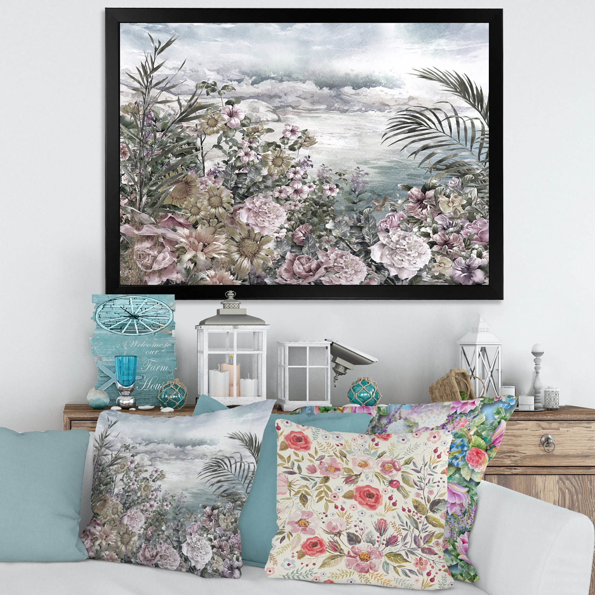 Designart 'Abstract Retro Flowers By The Sea Side' Vintage Framed Art Print