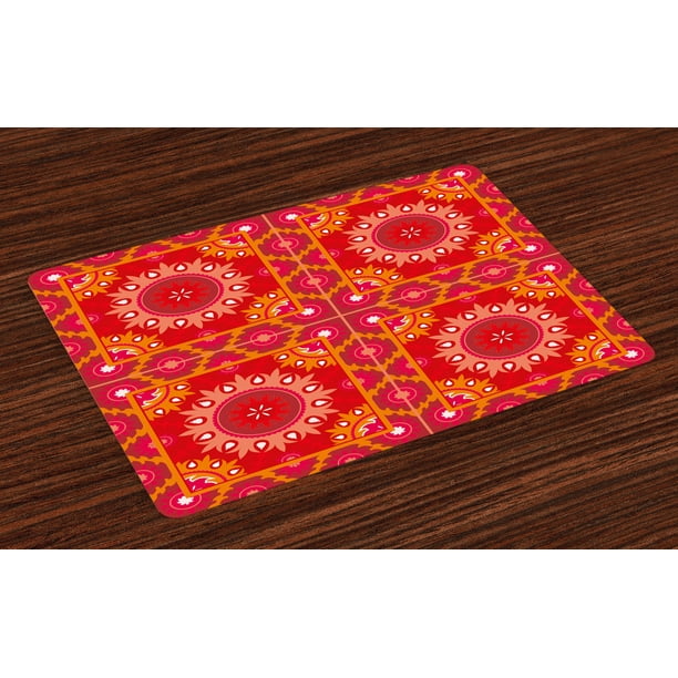 Red Mandala Placemats Set of 4 Artistic Oriental Frames Squares with