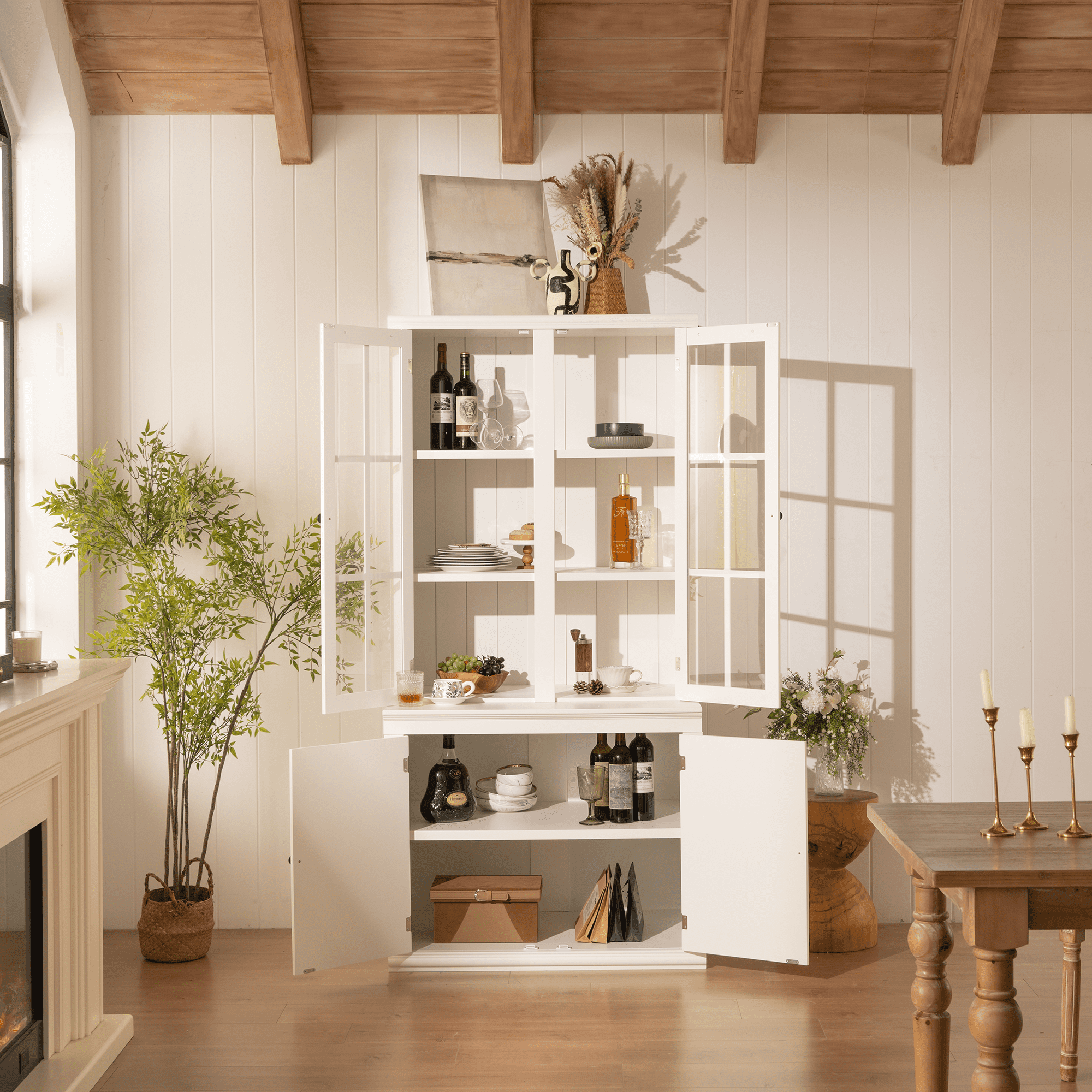 75" Tall Pantry Cabinet, Modern Kitchen Hutch with 4 Doors, Adjustable Shelves, Countertop, Wood Display Cabinet, Cupboard for Living Room, Hallway