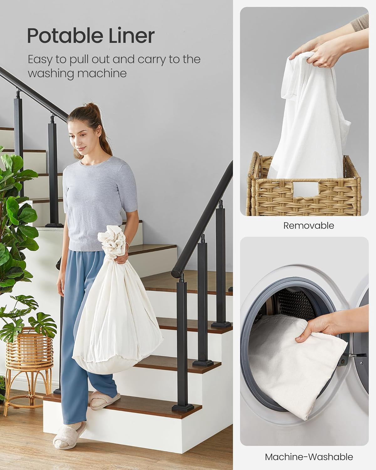 Laundry Hamper with Lid, 42.3 Gallons (160 L), Rolling Laundry Basket with Wheels, 3-Section Synthetic Rattan, Removable Liner, Bedroom, 27.6 x 14.2 x 26 Inches, Natural