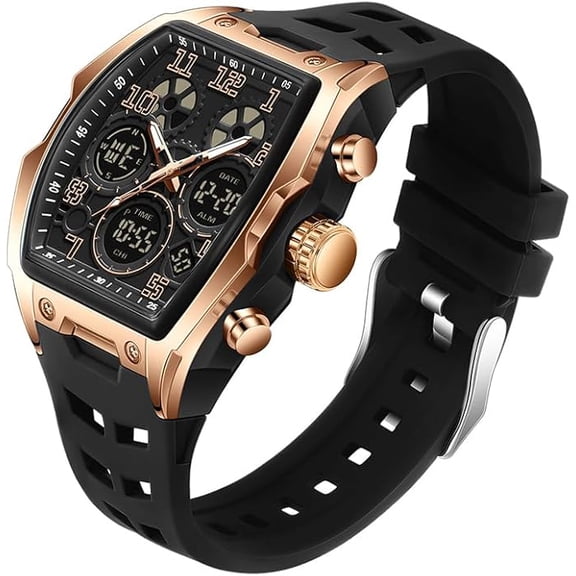 Watch for Men Fashion Hollow Unique Rectangle Dial Wristwatch Waterproof Sport Digital Analog Dual Time Display Stopwatch Punk Cool Design Silicon Strap Dress Watch