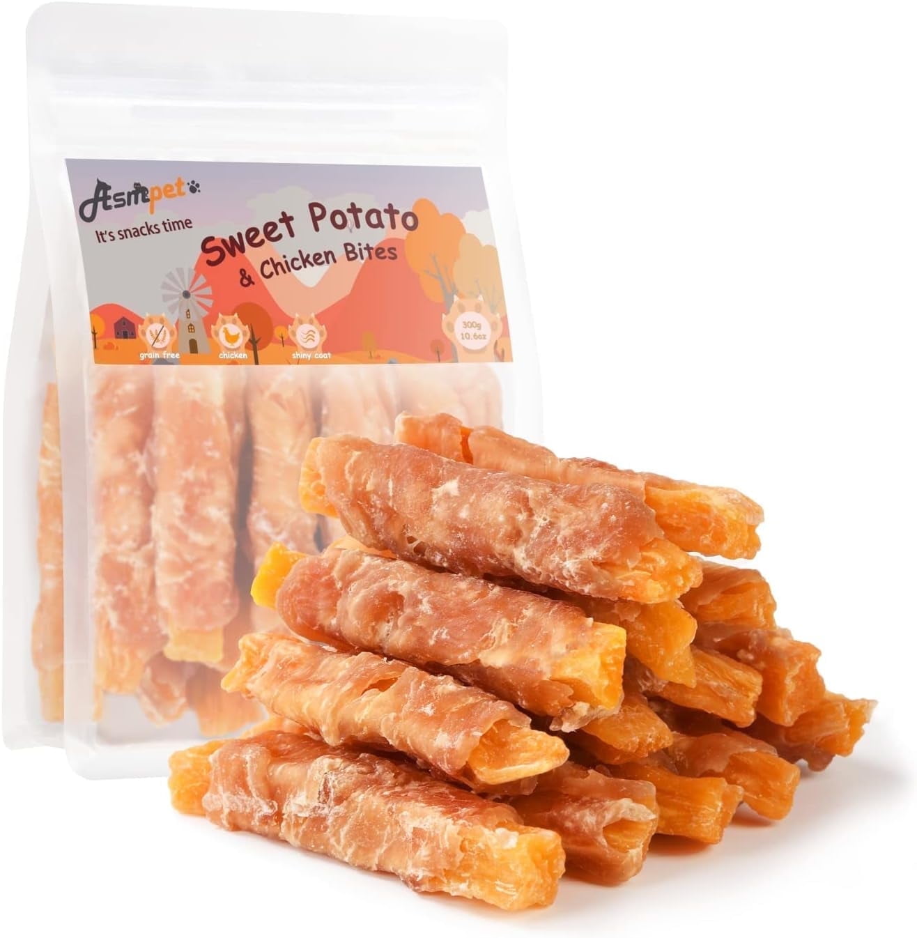 (2 pack) ASMPET Sweet Potato Dog Treats, Natural Chicken Jerky & Sweet Potato Chews for All Dogs, 15pcs