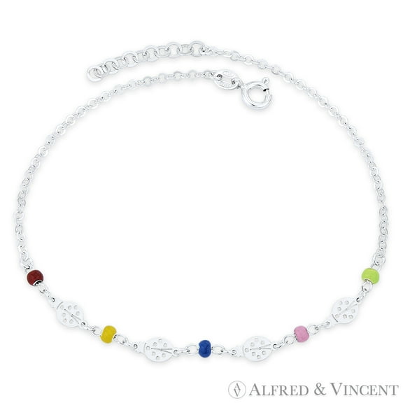 7x5mm Flat Ladybug, 3mm Enamel Bead, & 2.2mm Flat Rolo Chain Italian Charm Anklet in .925 Sterling Silver
