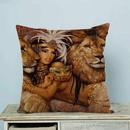 GCKG African Beautiful Woman With Lions Pillow Case Pillow Cover Pillow Protector Two Sides 20 x 20