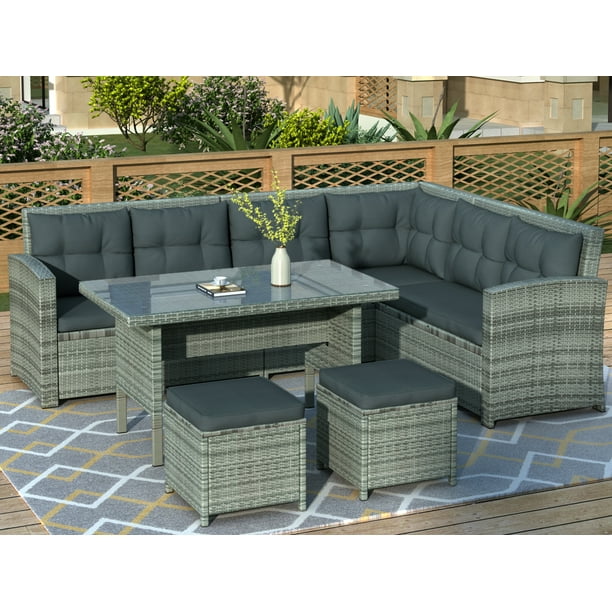 6Piece Patio Furniture Set Outdoor Sectional Sofa with Glass Table