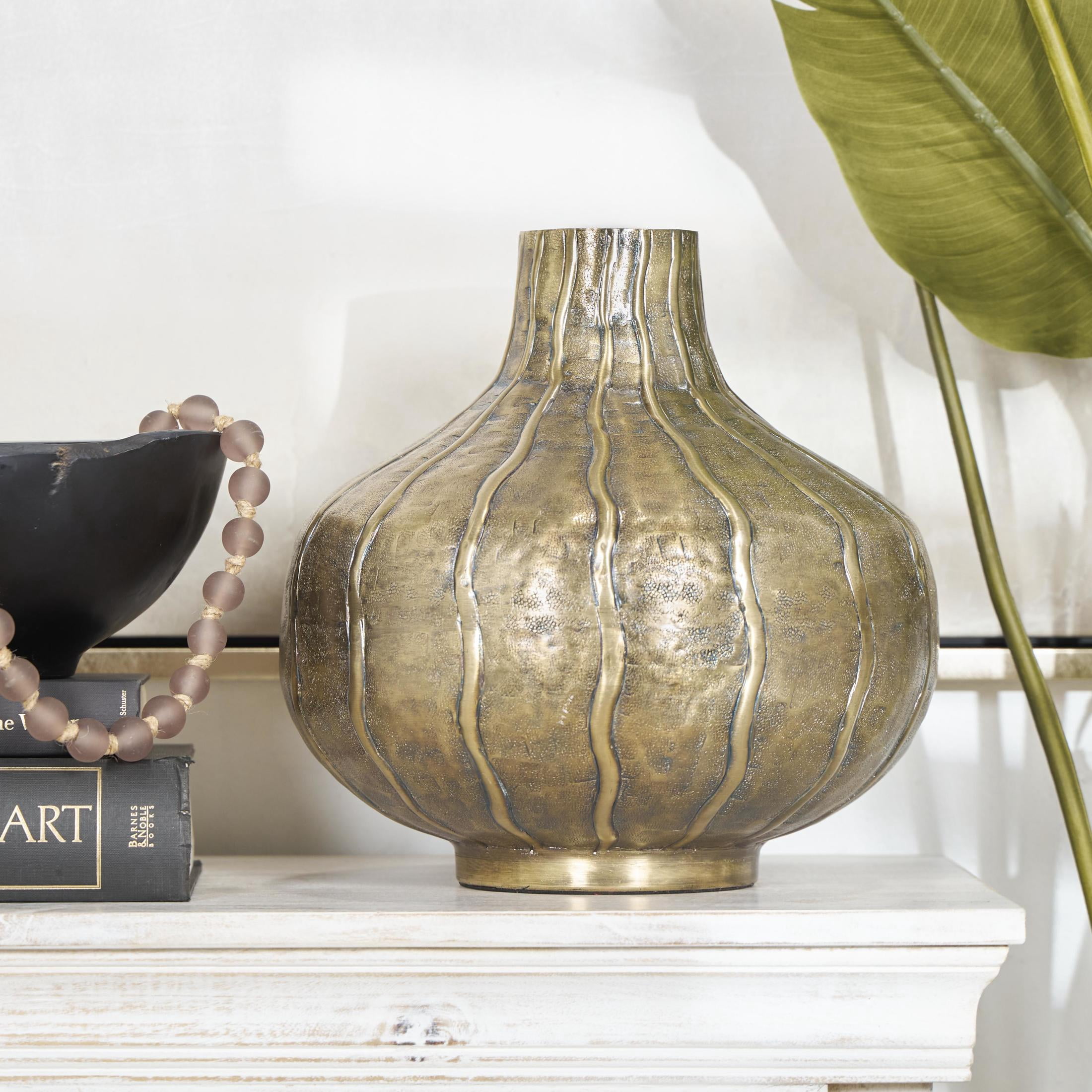 DecMode 13" Wide Snakeskin Inspired Brass Metal Vase with Dimensional Wavy Accents