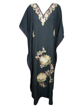 Mogul Black Floral Long Caftan Traditional Indian Kashmiri Embroidery Maxi Kaftan 3X