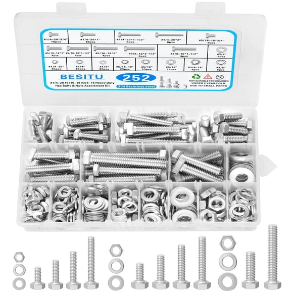 Besitu Kit d'Assortiment de Boulons et Écrous Hexagonaux 252 Pcs, 1/4-20, 5/16-18, 3/8-16 Boulons Assortis Écrous et Rondelles, Ensembles de Vis de Machine en Acier Inoxydable 304