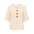 thumbnail image 4 of Only Moment Button Down Shirts for Women 3/4 Sleeve V Neck Ruffle Sleeves Cotton and Linen Dress Shirts Oxford Shirts Long Sleeve Work Blouses Collared Tops Tunics with Pocket Beige,L, 4 of 9