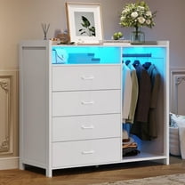 AOGLLATI Dresser with Clothes Rack for Bedroom Wood, 4 Drawer Dresser White with LED Lights and Power Outlet, 15.7"D x 43.3"W x 44.3"H, Tall Storage Chest of Drawers with Large Capacity