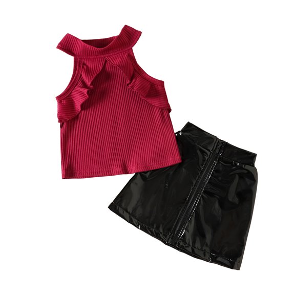 Toddler Girls Sets Sleeveless Stripe Ruffle T Shirt Tops Leather Skirts 2PCS Outfits Girls Summer Casual Suit