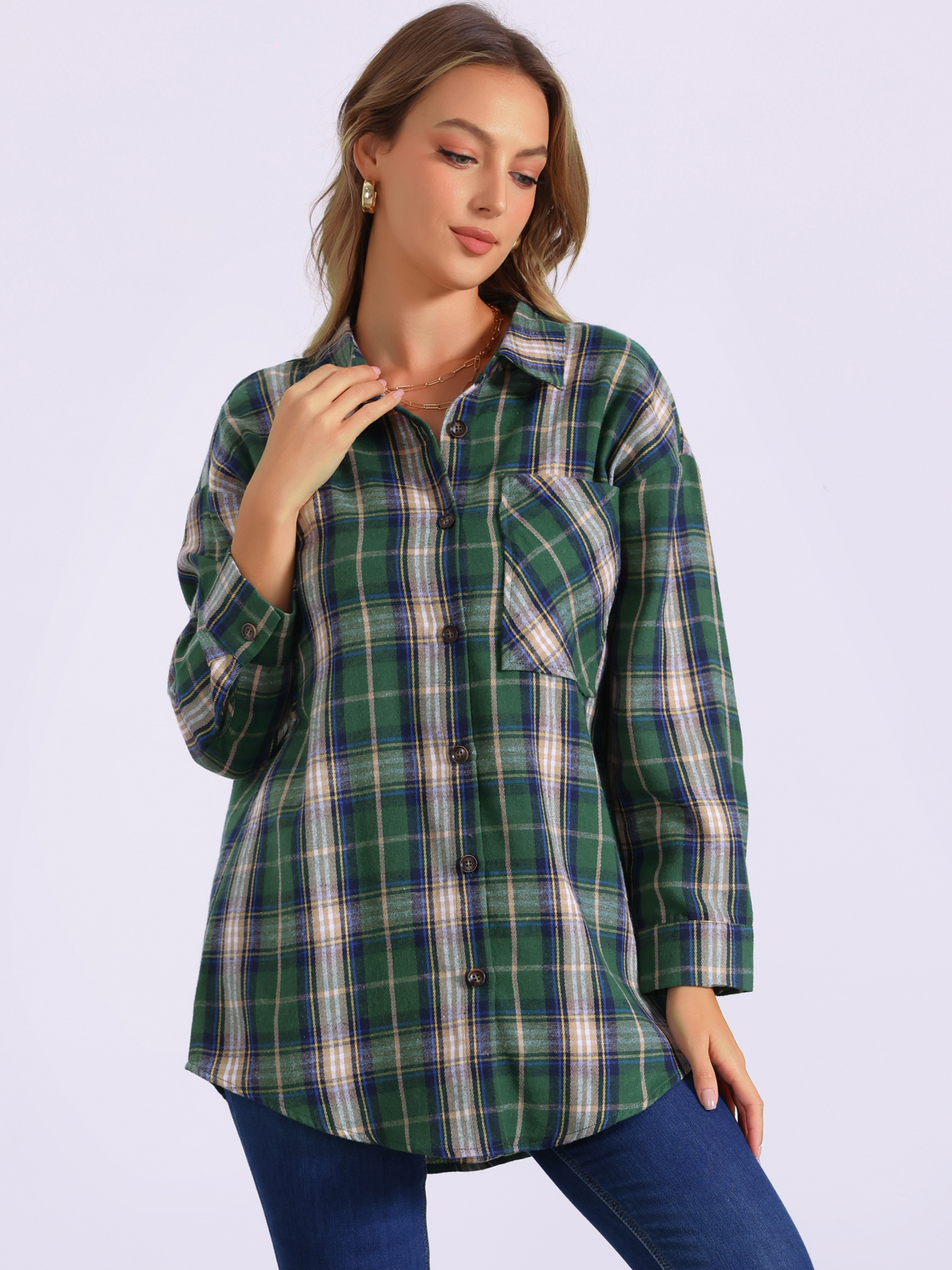 DARING DIVA Women's Long Sleeve Plaid Button Down Shirt Blouse Top XS Green