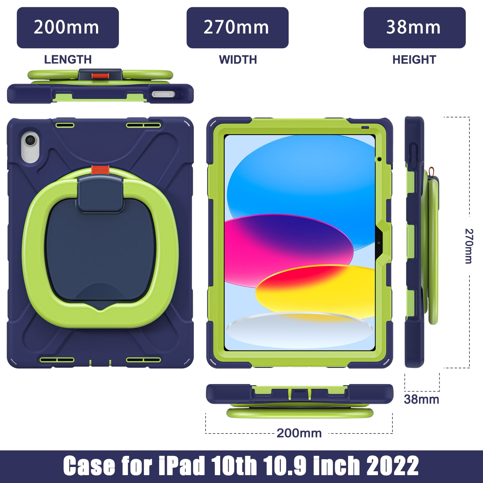 iPad 10th Generation Case 2022,iPad 10th Gen 10.9 inch Rugged Case with Screen Protector,Rotating Stand/Pencil Holder/Carrying Shoulder Strap - Navybulue+Lime