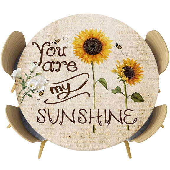 Sunflowers Round Tablecloth, Fitted Table Cover with Elastic for 45"-54" Round Tables, Vintage Bee You Are My Sunshine Beige Table Cloth Outdoor Indoor Dinning Party Waterproof Tablecloths