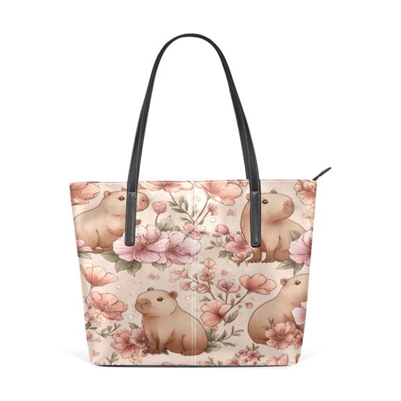 Tote Bag Aesthetic leather Handbags with Zipper for Women Travel Shoulder Bags Purses with compartment. Cute Capybaras with Playful Poses