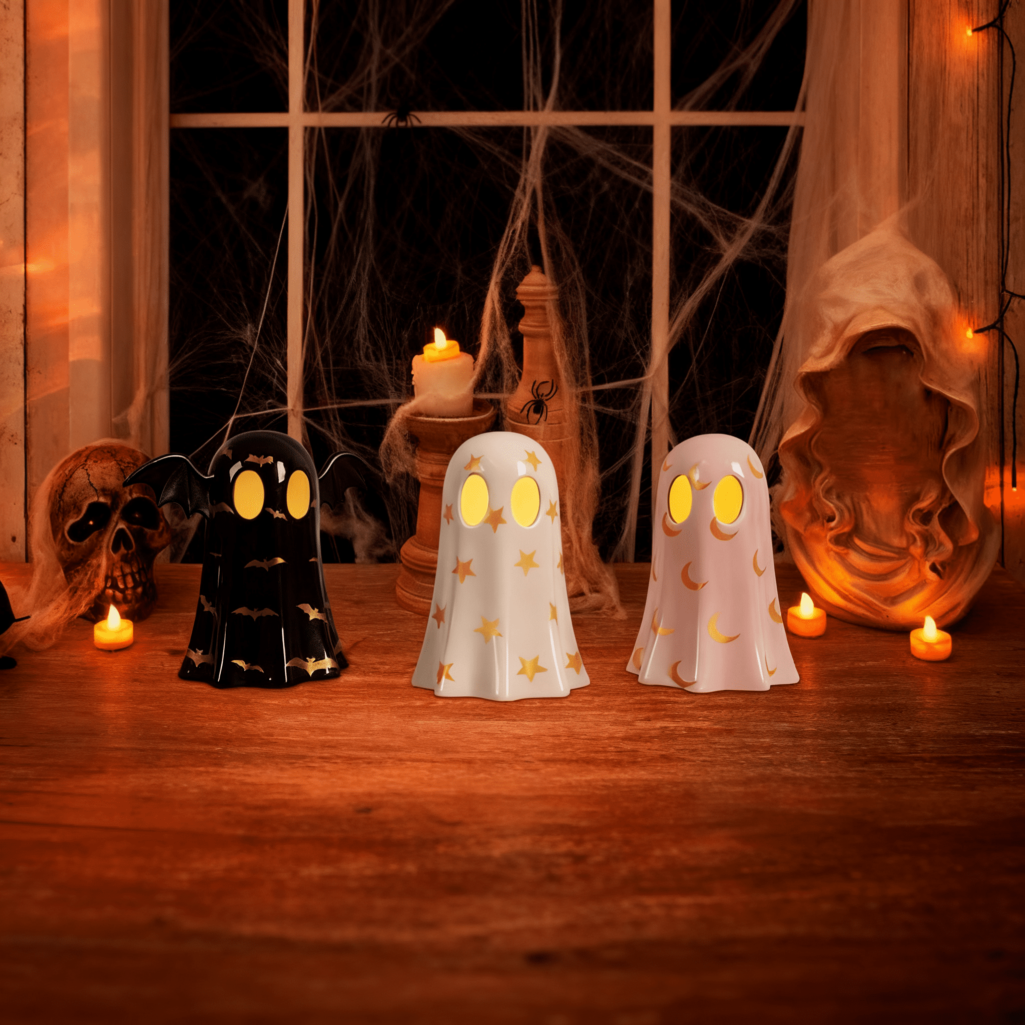 Set of 3 Ceramic Ghost Figurines with Witch Hats for Halloween Table Decor