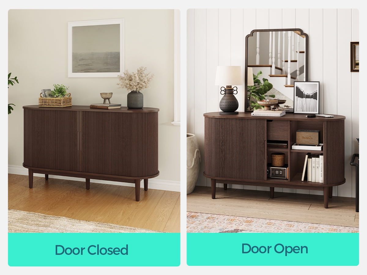 LINSY HOME Fluted Pantry Storage Cabinet, Kitchen Cabinets with Sliding Tambour Door, Wide Storage Cabinet with Removable & Adjustable Shelves for Dining Room, Living Room, Bathroom, Walnut