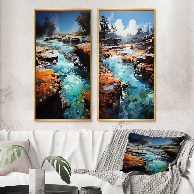 Designart "Geyser Collage Azur en Éruption II" Art Mural Encadré Ensemble de 2 - Paysages Turquoise Art Mural Encadré Ensemble de 2