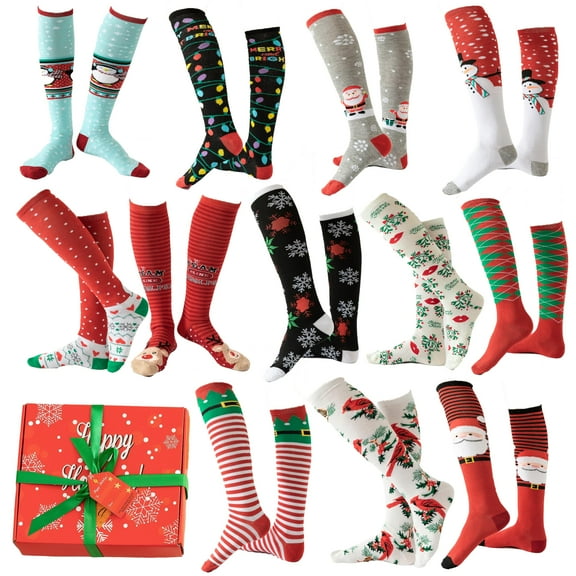 Gilbin 12 Pair, Knee High Holiday Christmas Socks, 12 Different Designs, X-Mas Socks Size 9-11 with Gift Box