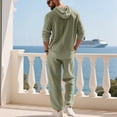 thumbnail image 6 of Men's 2 Piece Cotton Linen Outfits Long Sleeve Henley Hooded Shirt and Beach Pants Set Casual Summer Matching Set Size 3XL Army Green, 6 of 9