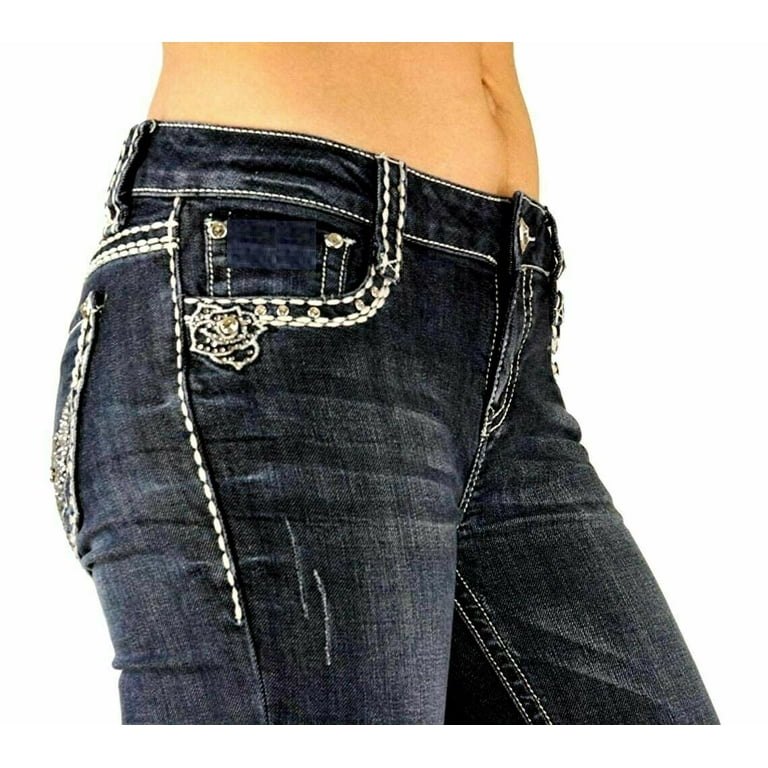 Jack David Rhinestone Studs Dark Wash Denim Flap Pocket Bootcut Jeans 