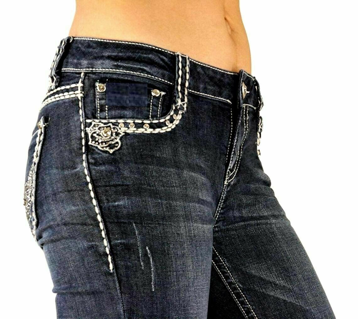 Jack David Women's Rhinestone Mid Rise Bootcut Stretchy Denim Jeans ...