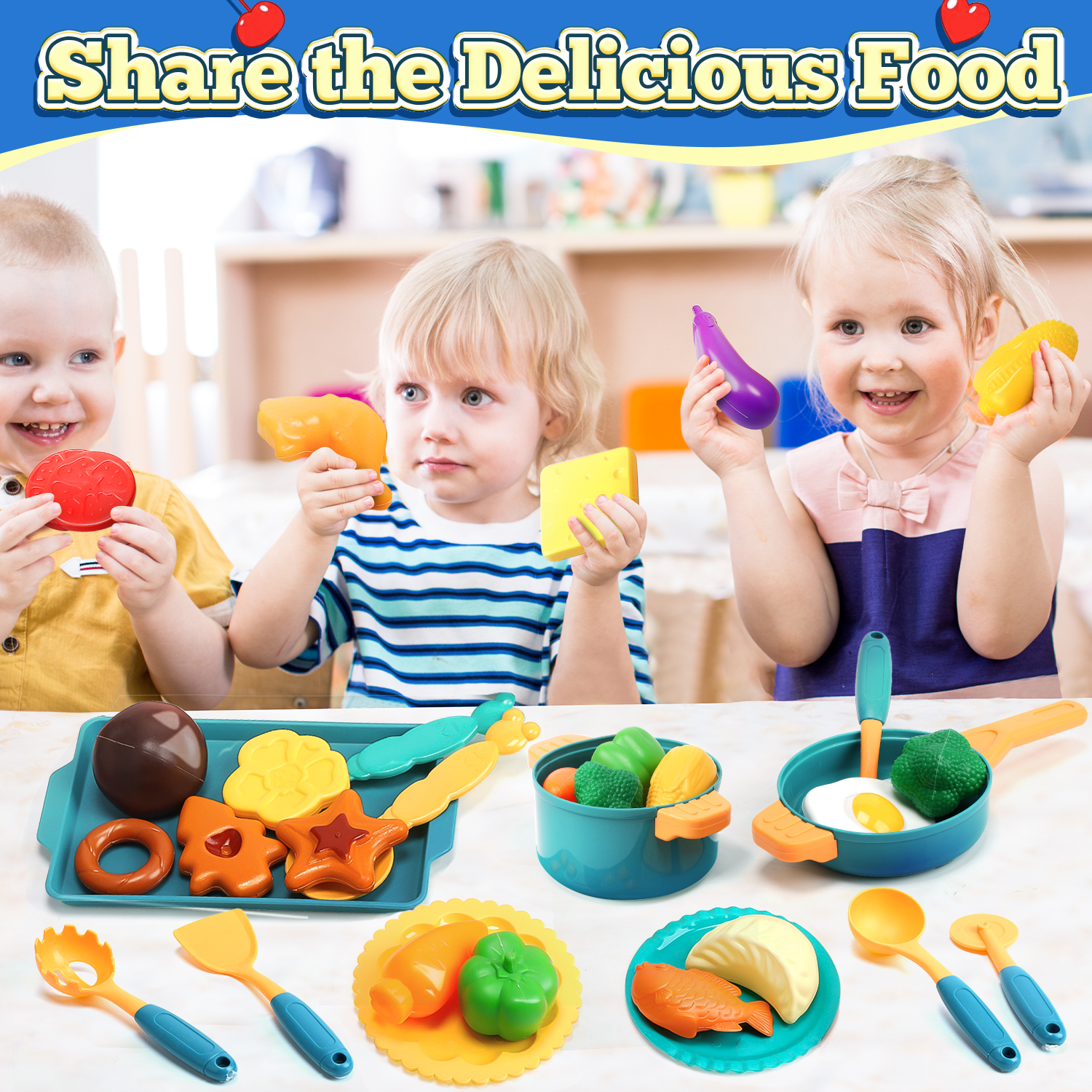 JoyStone 46Pcs Kids Pretend Play Kitchen Accessories Playset with Light and Sound, Play Pots and Pans, Utensils Cooking Toys, Play Kitchen Toys for Girls Boys, Green