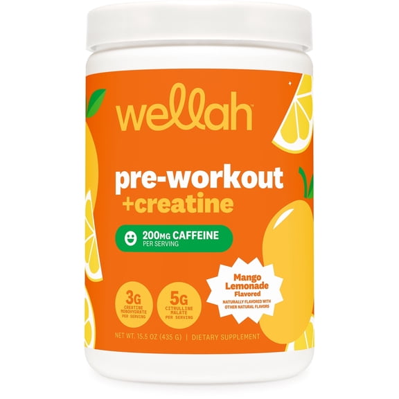 Wellah Pre-Workout   Creatine Powder (30 Servings) Mango Lemonade - 200mg Caffeine, 3g Creatine Monohydrate, 5g Citrulline Malate, Pre-Workout with Creatine Supplement