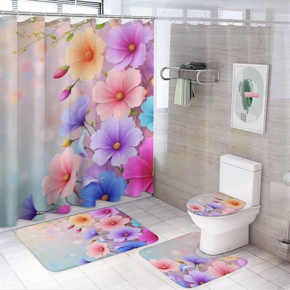 Colorful Floral Pattern Shower Curtain Bathroom Sets Toilet Lid Rug, Bath Mat And Contour Mat, Shower Curtain 4Pcs