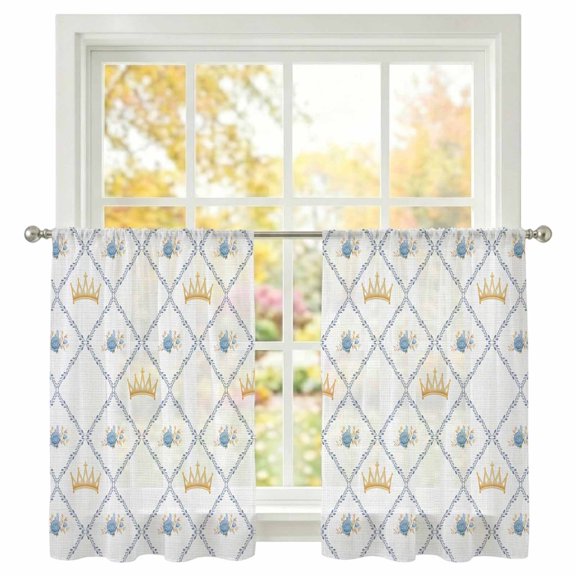 Blue Flowers Sheer Curtains 45 inches Long, Watercolor Crown Floral Vintage Abstract Light Filtering Sheer Window Curtains Rod Pocket Voile Drapes for Bedroom Living Room, 2 Panels