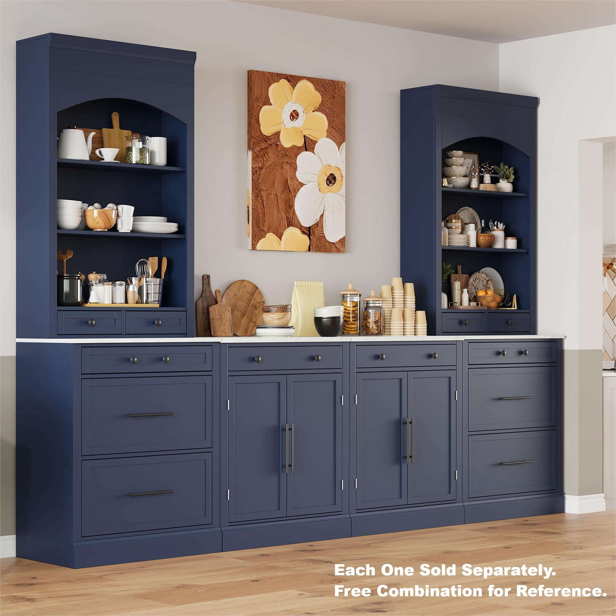 Euroco Modern Freestanding Kitchen Pantry,Buffet Food Storage, Coffee Bar Cabinet with Drawer, 2 Adjustable Shelves and 2 Door Shelves for Dining, Kitchen, Blue