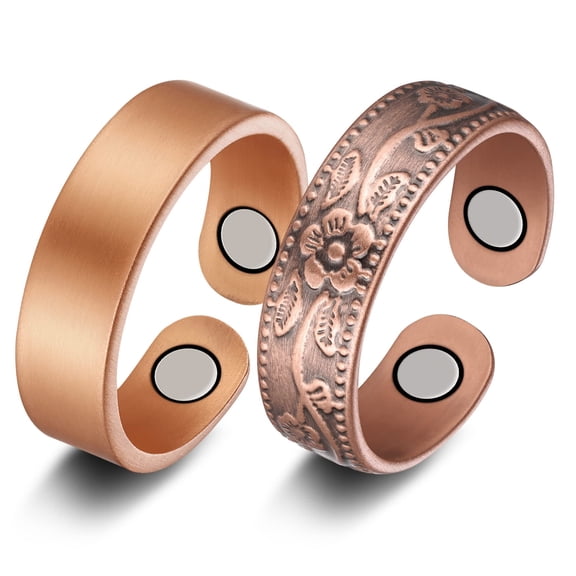 Wollet Floral Copper Magnetic Rings for Women, Adjustable Cuff Rings, Set of 2