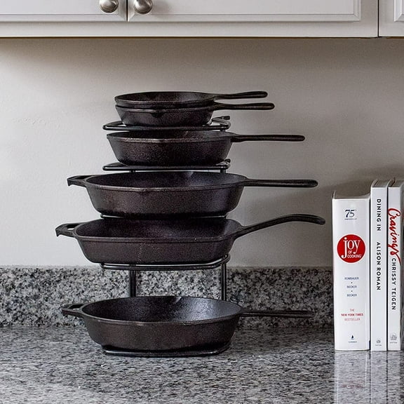 5-Tier Cast Iron Cookware Organizer, Steel Construction, Matte Black, Space-Saving Kitchen Storage