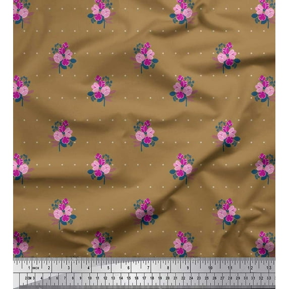 Soimoi Brown Rayon Fabric Dot,Leaves & Floral Artistic Fabric Prints By Yard 42 Inch Wide