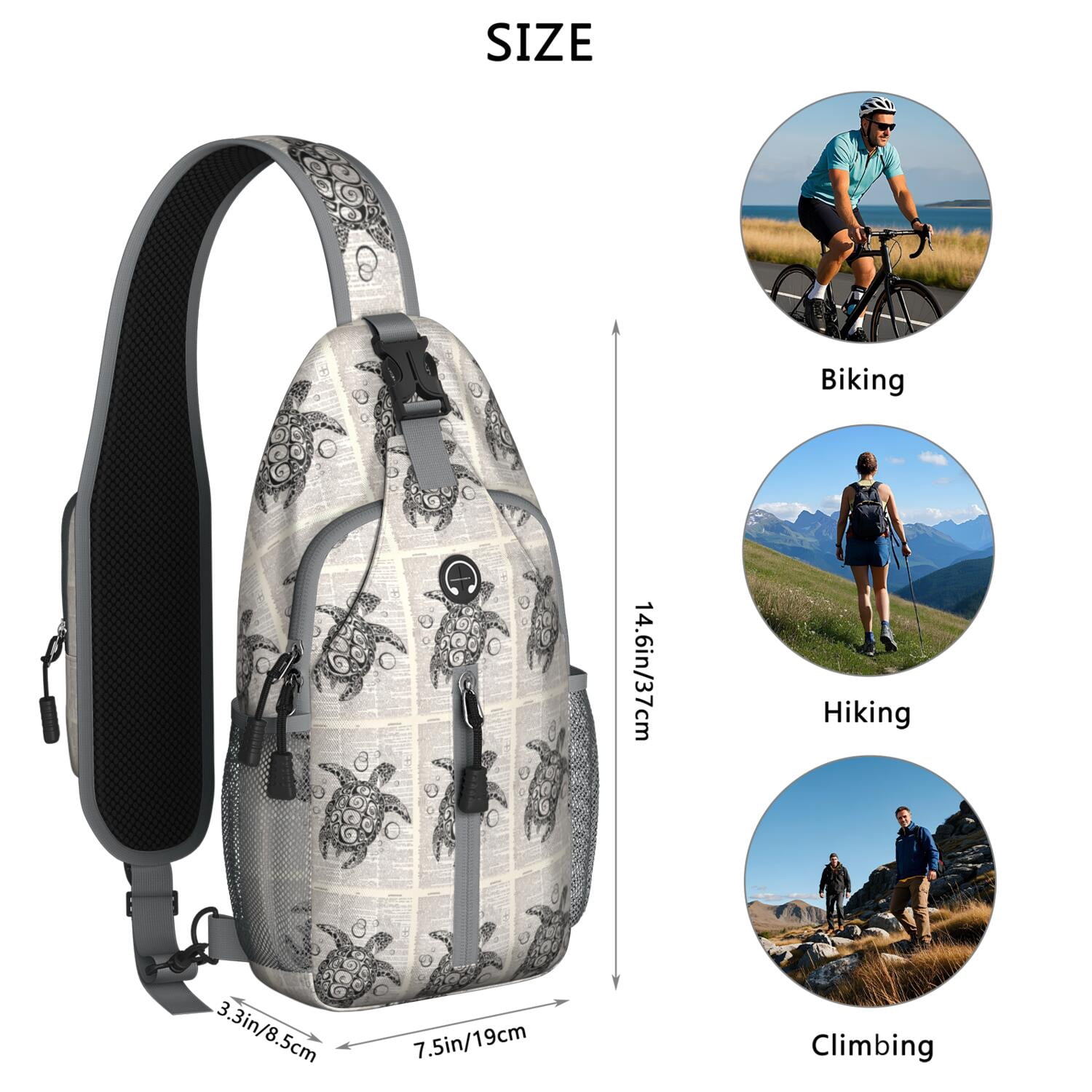 Crossbody Sling Backpack for Women Men Art Deco Turtle Vintage Dictionary Print Shoulder Sling Crossbody Casual Chest Bag for Travel Sports Running Hiking