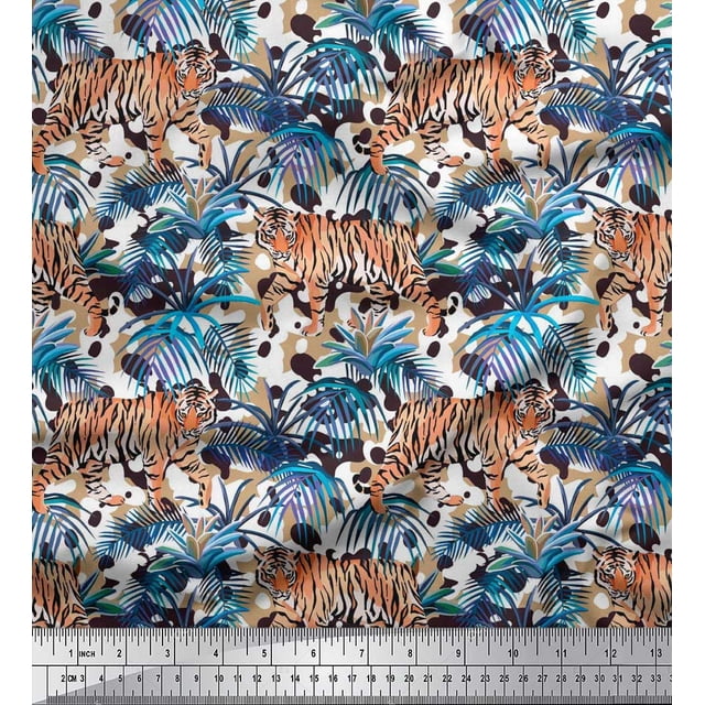 Soimoi Poly Georgette Fabric texture,leaves & tiger Animal Print Fabric by Yard 52 Inch Wide
